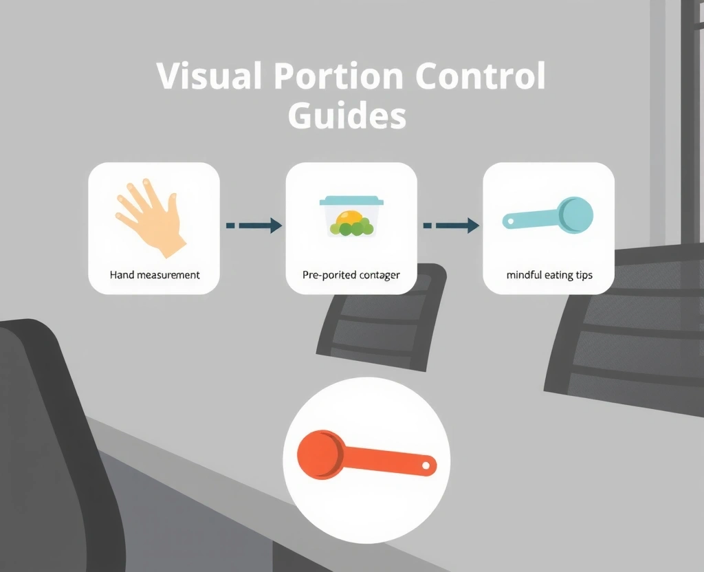 Visual guide showing portion control techniques using hand measurements and practical office tools